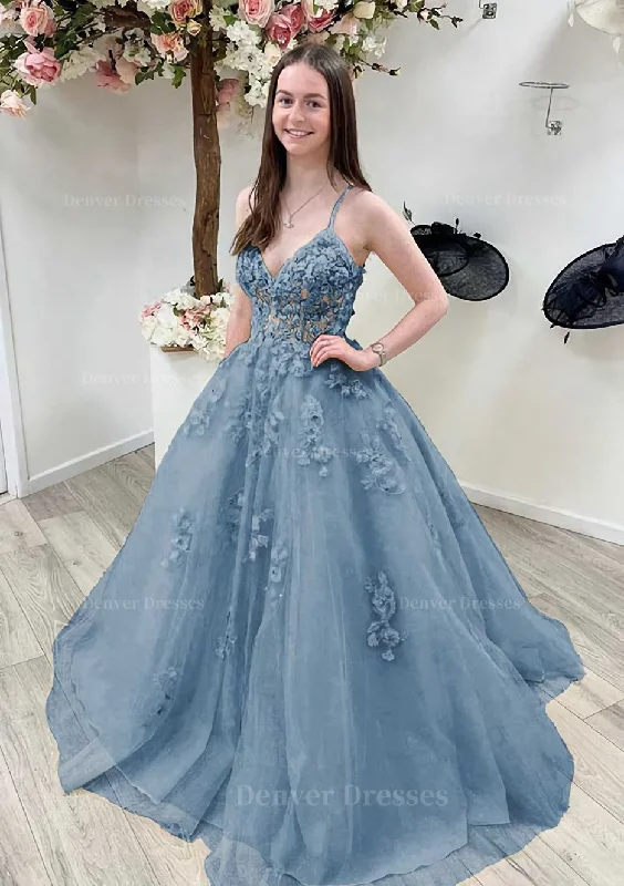 A-line Princess V Neck Sleeveless Sweep Train Tulle Prom Dress With Appliqued Beading Lace A-line Princess V Neck Sleeveless Sweep Train Tulle Prom Dress With Appliqued Beading Lace