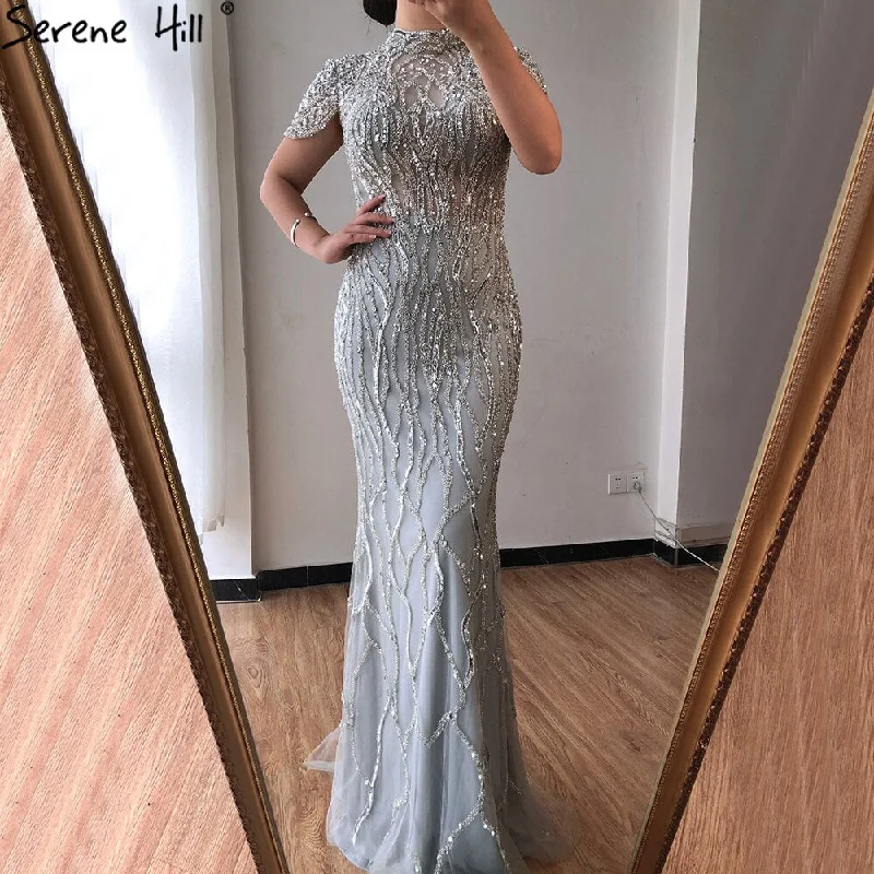 Dubai Grey Mermaid Short Sleeves Evening Dresses Luxury Beading Sparkle Formal Dress 2024 Serene Hill LA70649