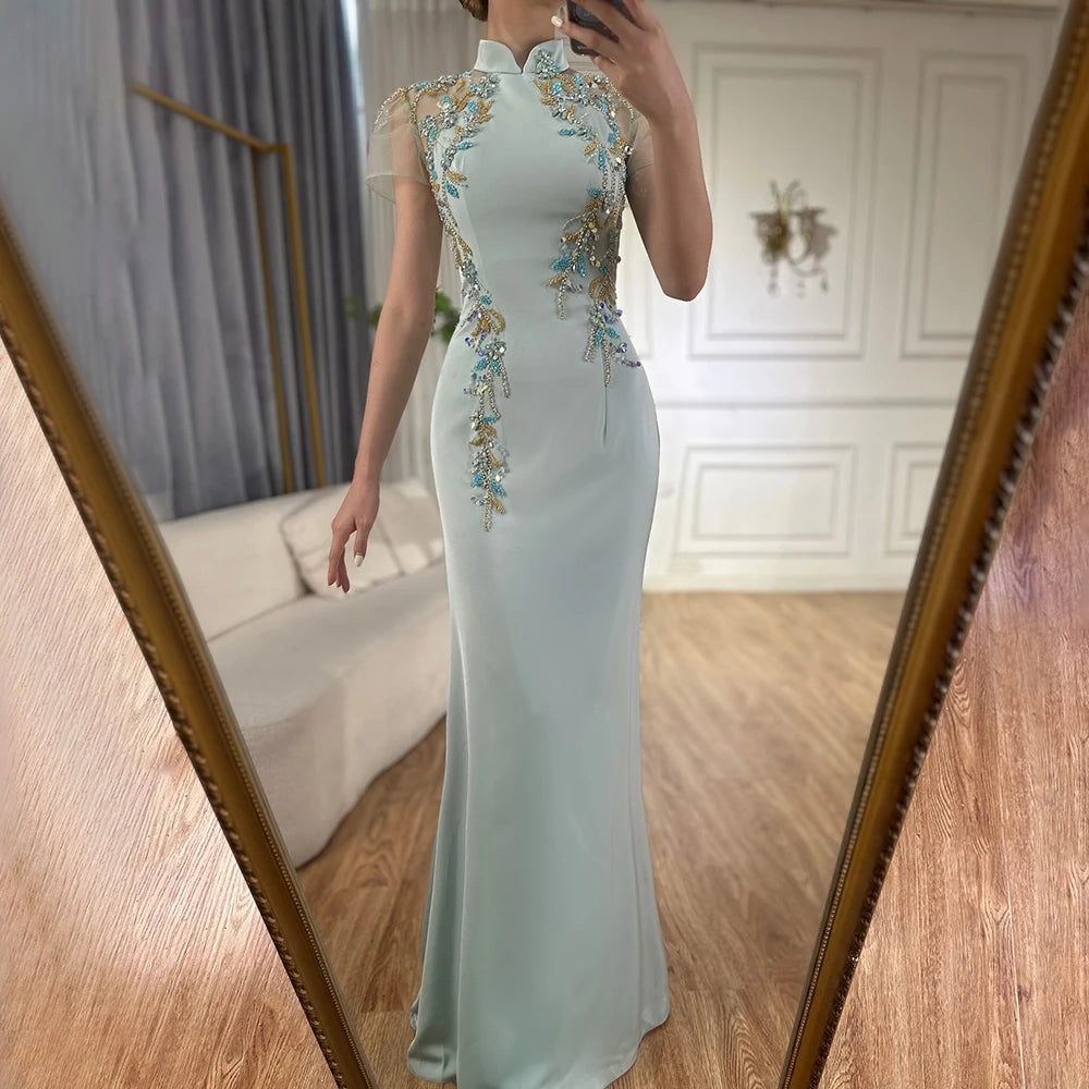Serene Hill Customized 2025 Saudi Mint Mermaid Beaded Satin Evening Dress Gown with Corset for Formal Occasion LA72797