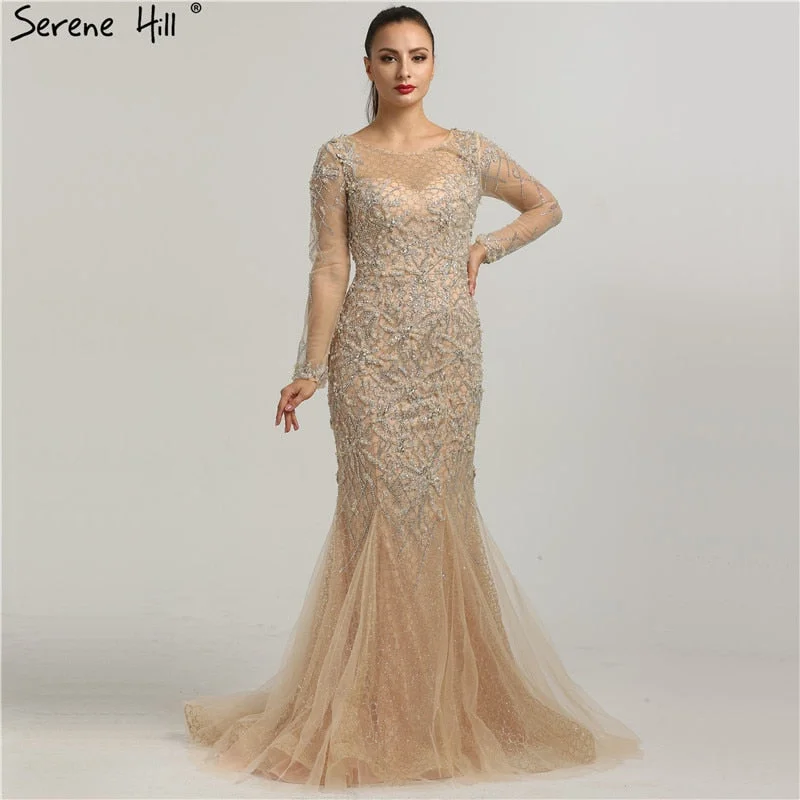Long Sleeves Glitter Evening Dresses Crystal Pearls Mermaid LA6420