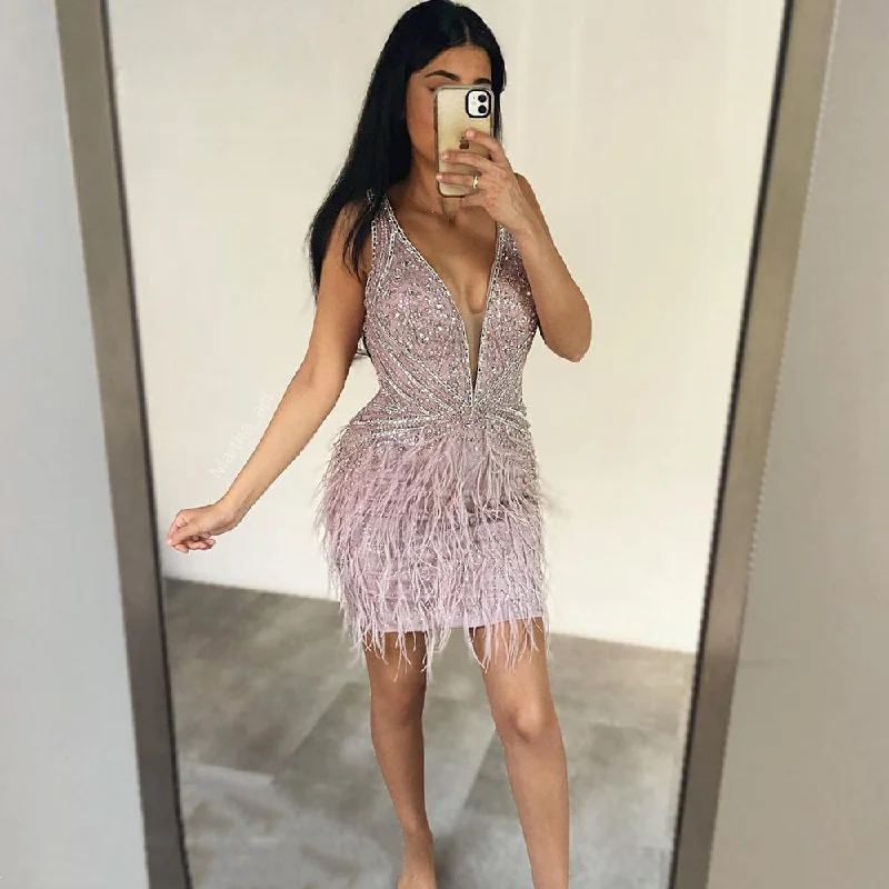 Serene Hill Pink Elegant Meramid Sexy V-neck Knee-Length Feathers Beaded Luxury Evening Dresses 2024 For Women Party LA71684 Serene Hill Pink Elegant Meramid Sexy V-neck Knee-Length Feathers Beaded Luxury Evening Dresses 2024 For Women Party LA71684