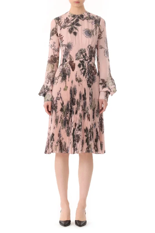 Forest Floral Long Sleeve Pleated Dress