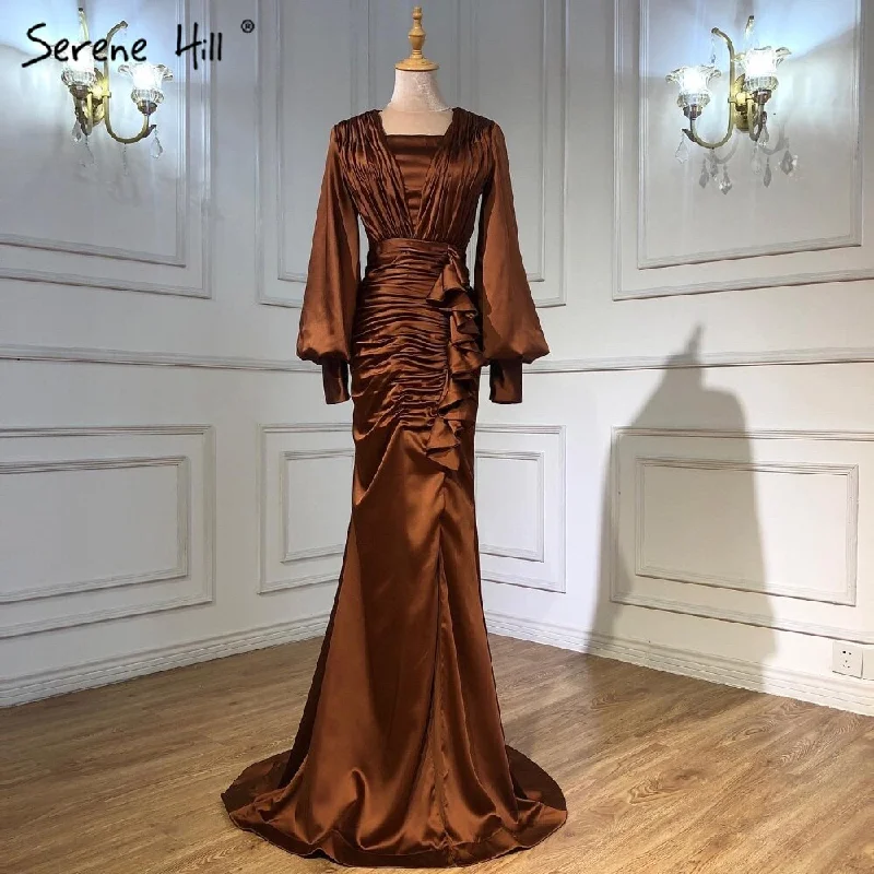 Serene Hill Coffee Satin Pleat Evening Dresses Gowns 2024 Mermaid Elegant Lantern Sleeve For Women Party LA71274 Serene Hill Coffee Satin Pleat Evening Dresses Gowns 2024 Mermaid Elegant Lantern Sleeve For Women Party LA71274