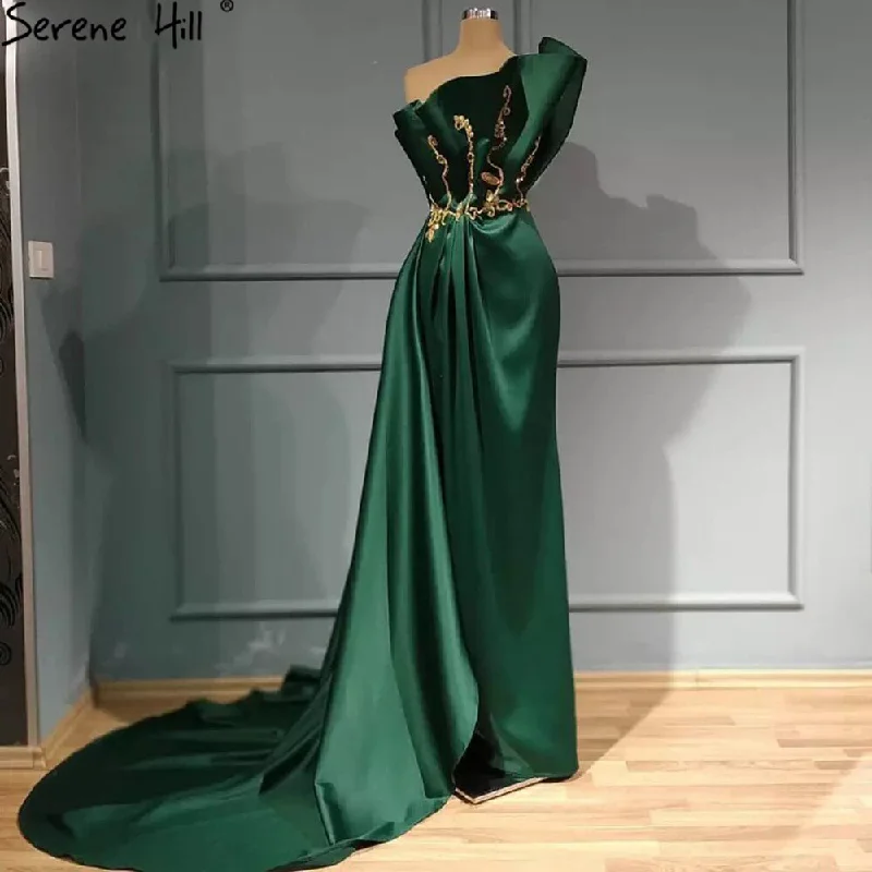 Serene Hill Green Satin Sexy Evening Dresses Gowns 2024 Mermaid One Shoulder Beading For Women Party LA70850