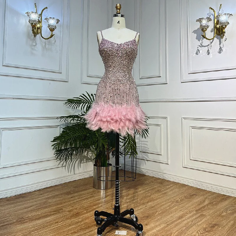 Serene Hill Pink Mermaid Sweatheart Spaghetti Strap Short Evening Dresses Beaded Feather Mini Gowns 2024 For Women Party LA72039 Serene Hill Pink Mermaid Sweatheart Spaghetti Strap Short Evening Dresses Beaded Feather Mini Gowns 2024 For Women Party LA72039