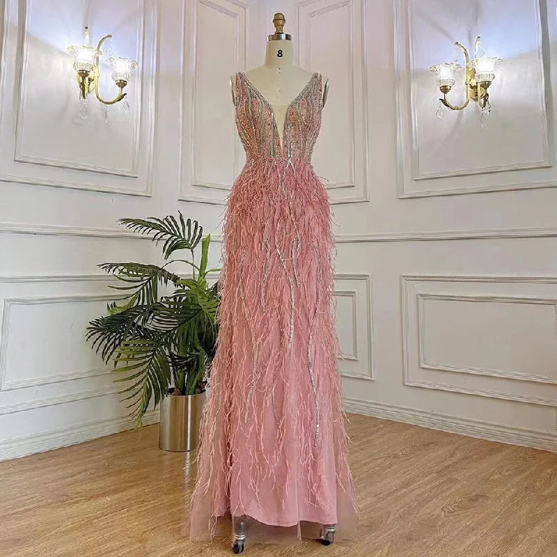 Serene Hill Arabic Pink Elegant Mermaid Sexy V Neck Evening Dresses Gowns Luxury Beaded Feather 2024 For Women Party LA71900 Serene Hill Arabic Pink Elegant Mermaid Sexy V Neck Evening Dresses Gowns Luxury Beaded Feather 2024 For Women Party LA71900