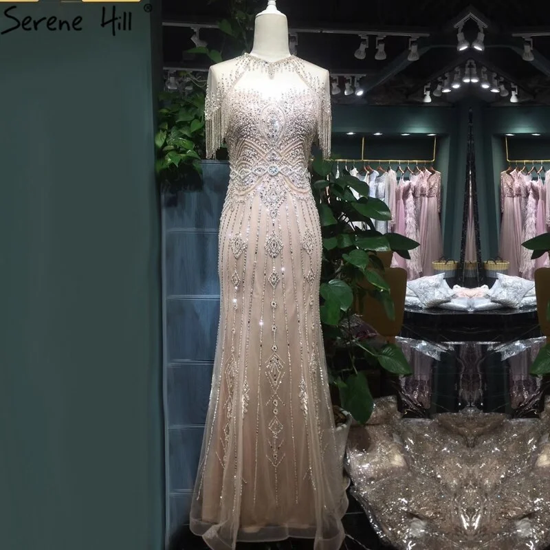 Dubai Nude Mermaid Luxury O-Neck Evening Dresses 2024 Short Sleeves Beading Tassel Formal Dress Serene Hill LA70646