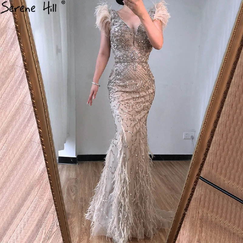 Serene Hill lilac Mermaid V-Neck Evening Dresses 2024 Feathers Beading Luxury Sexy Formal Dress LA70572 Serene Hill lilac Mermaid V-Neck Evening Dresses 2024 Feathers Beading Luxury Sexy Formal Dress LA70572