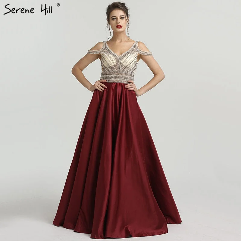 Wine Red V-Neck Satin Evening Gowns Sleeveless Beading Crystal A-Line Prom Dress LA6183 Wine Red V-Neck Satin Evening Gowns Sleeveless Beading Crystal A-Line Prom Dress LA6183