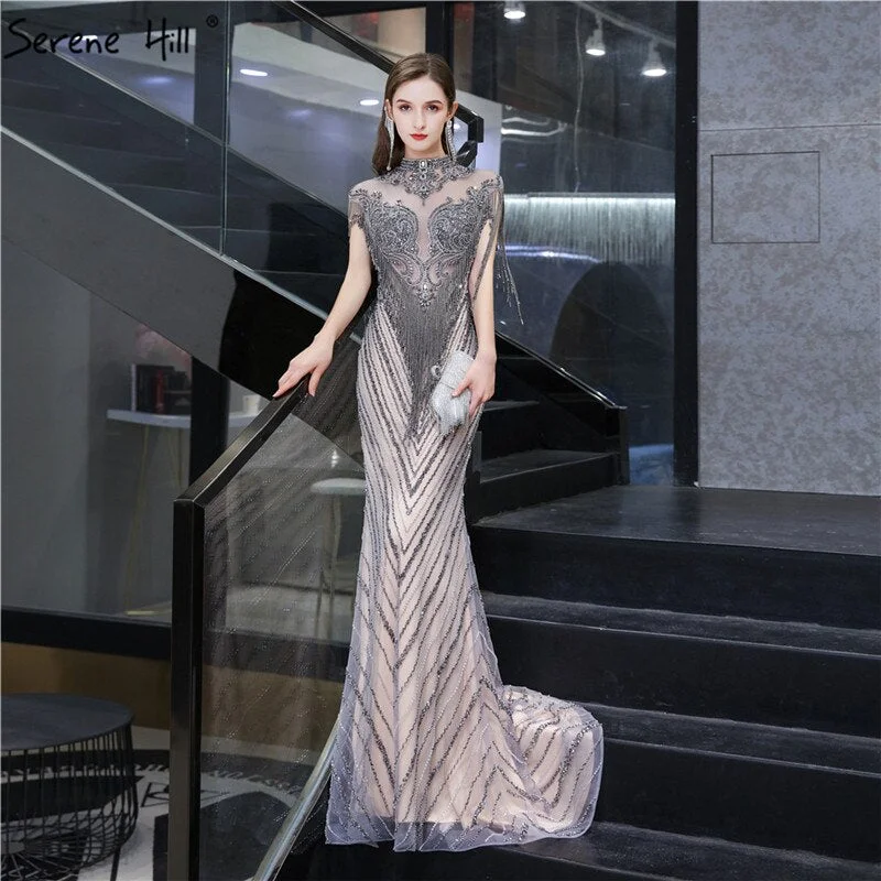 Dubai Luxury High-end Sexy Evening Dresses 2024 Champagne Grey Beading Tassel Formal Dress Serene Hill LA60811 Dubai Luxury High-end Sexy Evening Dresses 2024 Champagne Grey Beading Tassel Formal Dress Serene Hill LA60811