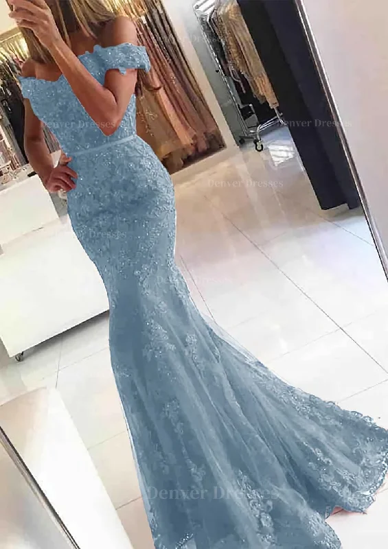Lace Long/Floor-Length Trumpet/Mermaid Sleeveless Off-The-Shoulder Zipper Prom Dress With Appliqued Beaded Lace Long/Floor-Length Trumpet/Mermaid Sleeveless Off-The-Shoulder Zipper Prom Dress With Appliqued Beaded