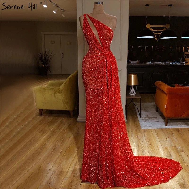Dubai Red One Shoulder Sexy Evening Dresses 2024 Mermaid Beading Sequins Luxury Formal Dress Serene Hill LA70297 Dubai Red One Shoulder Sexy Evening Dresses 2024 Mermaid Beading Sequins Luxury Formal Dress Serene Hill LA70297