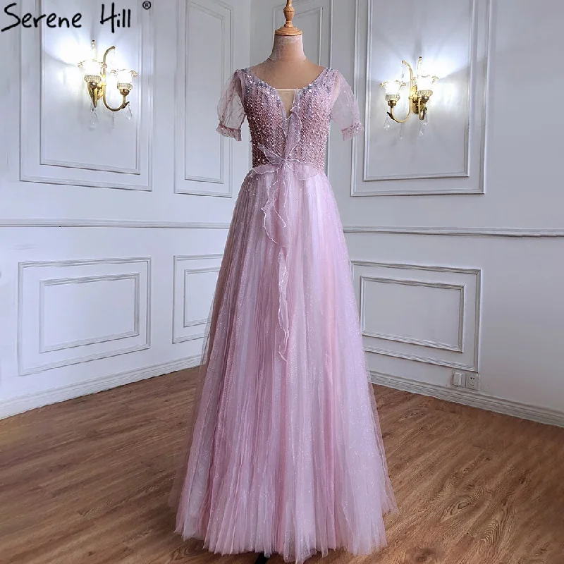 Serene Hill Luxury Pink A-Line Evening Dresses Gowns 2024 Beaded Short Sleeves Lace Up For Women Party LA70840 Serene Hill Luxury Pink A-Line Evening Dresses Gowns 2024 Beaded Short Sleeves Lace Up For Women Party LA70840