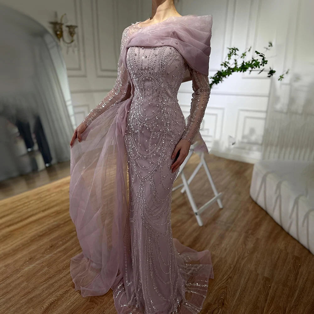 Serene Hill 2024 Pink Mermaid Luxury Beaded Pearls Evening Dress with Overskirt Gown for Formal Occasion LA72348A Serene Hill 2024 Pink Mermaid Luxury Beaded Pearls Evening Dress with Overskirt Gown for Formal Occasion LA72348A