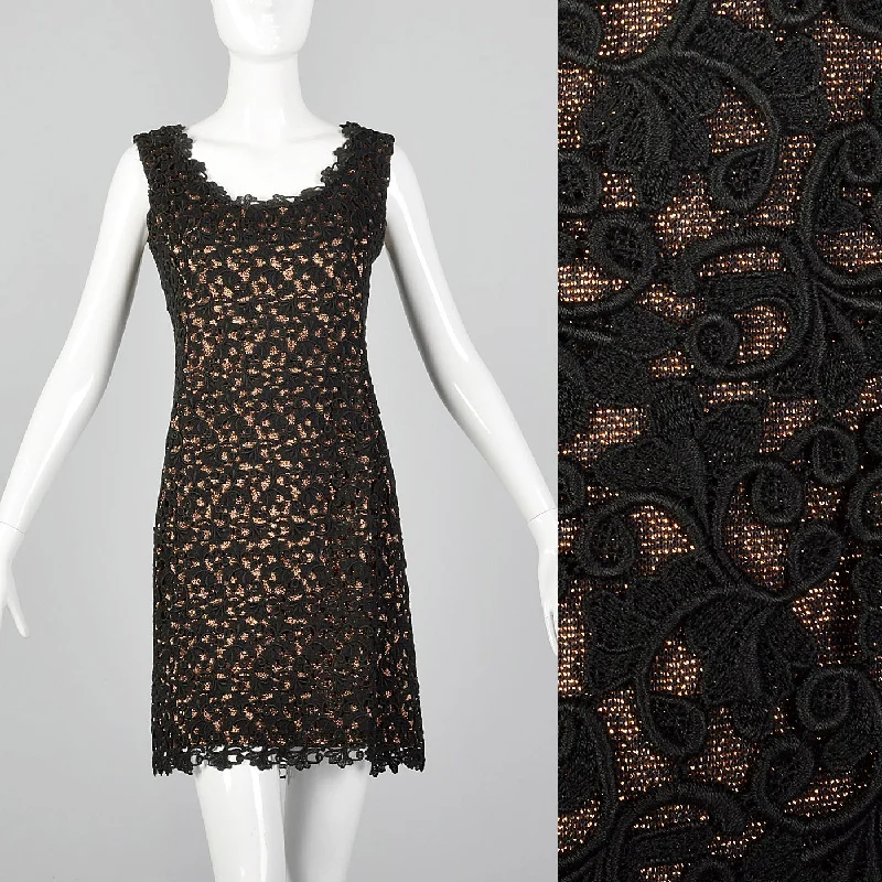 1960s Bronze Lurex Dress with Black Lace Overlay