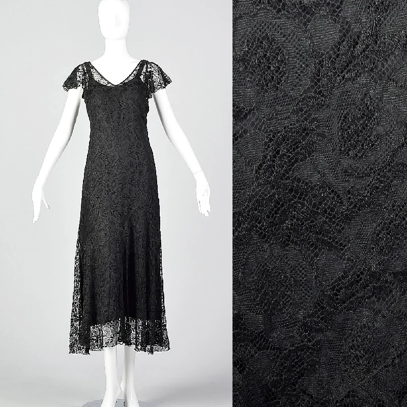 1930s Black Lace Dress with Sheer Flutter Sleeves