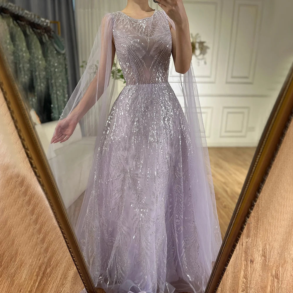 Serene Hill 2024 Arabic Lilac Elegant A-Line Beaded Long Evening Dresses Gowns with Cape Sleeves for Formal Occasion LA72744 Serene Hill 2024 Arabic Lilac Elegant A-Line Beaded Long Evening Dresses Gowns with Cape Sleeves for Formal Occasion LA72744