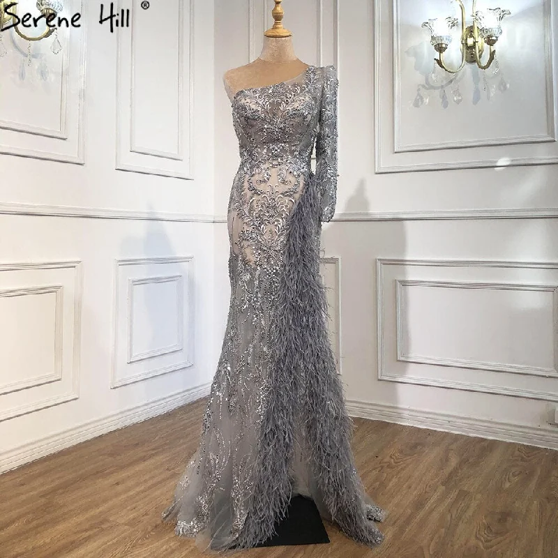 Serene Hill Grey High Split Mermaid Sexy Evening Dresses 2024 One Shoulder Beading Feathers Formal Dress Design LA70691