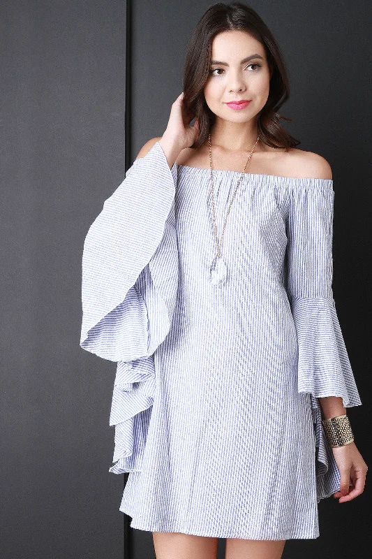 Striped Ruffle Sleeve Bardot Dress