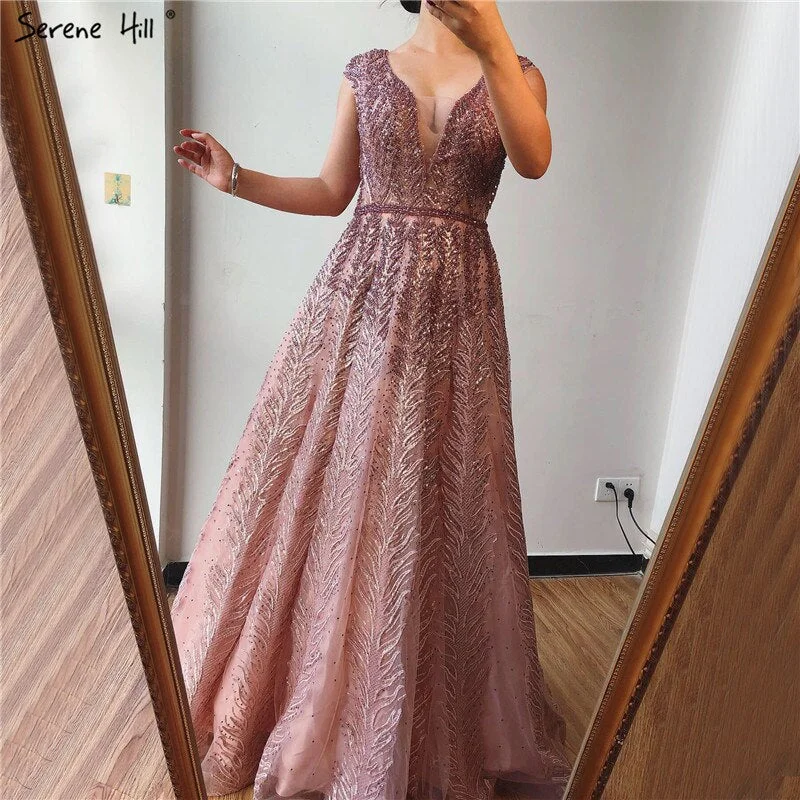 Pink V-Neck Evening Dresses Long 2024 Lace Beading Crystal Sleeveless A-Line Evening Gowns Serene Hill LA70225 Pink V-Neck Evening Dresses Long 2024 Lace Beading Crystal Sleeveless A-Line Evening Gowns Serene Hill LA70225