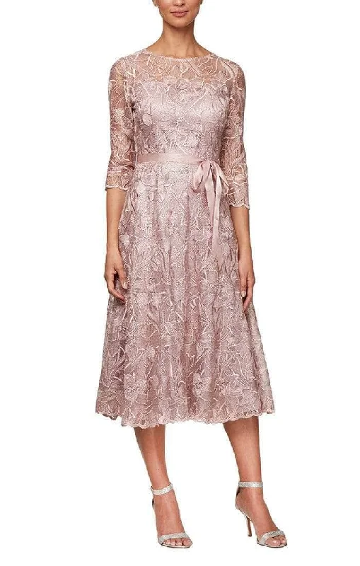 Alex Evenings 8217835- Sheer Yoke Tea Length Dress