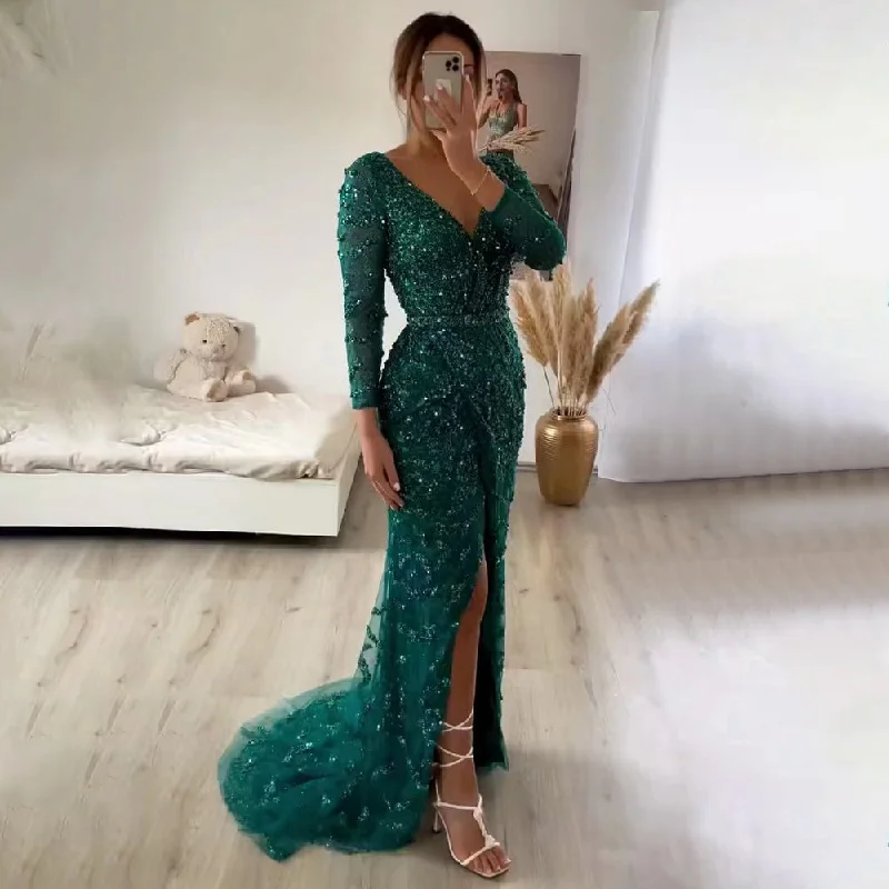 Serene Hill Green Mermaid Elegant V-Neck Pearls Long Sleeves Evening Dresses Luxury Beaded 2024 For Women Wedding Party LA70499