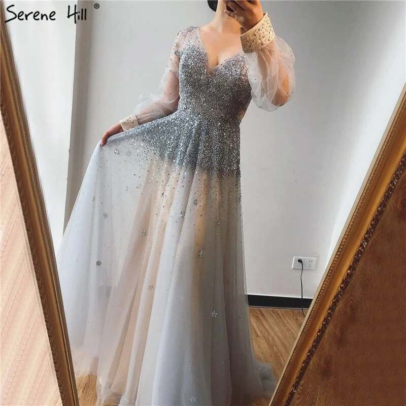 Real Photo Grey Deep-V Sexy Evening Dresses 2024 Long Sleeves Beading Sequined A-Line Evening Gowns Serene Hill LA70211 Real Photo Grey Deep-V Sexy Evening Dresses 2024 Long Sleeves Beading Sequined A-Line Evening Gowns Serene Hill LA70211