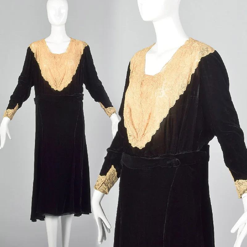 1920s Black Silk Velvet Dress with Lace Collar and Cuffs