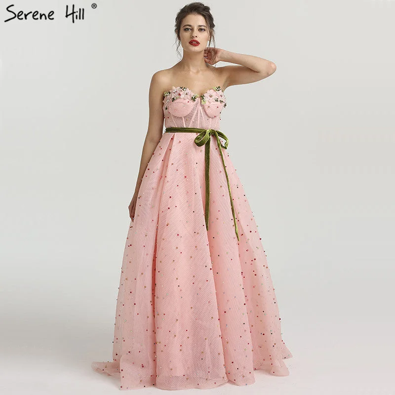Sleeveless Illusion Tulle Evening Dresses Colored Flowers Pearls Fashion Beach LA6490 Sleeveless Illusion Tulle Evening Dresses Colored Flowers Pearls Fashion Beach LA6490