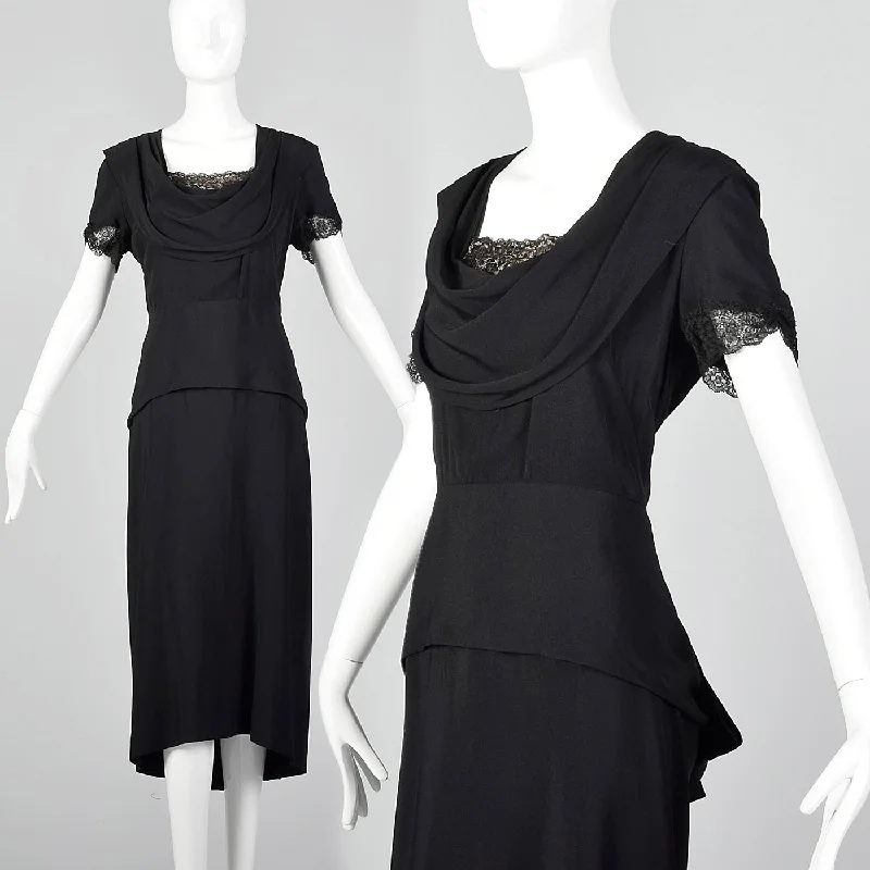 1940s Black Peplum Dress with Lace Collar and Cuffs