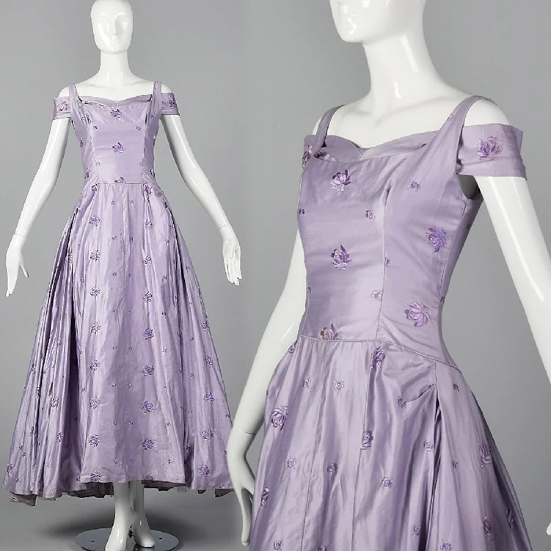 1950s Lavender Evening Dress with Floral Embroidery