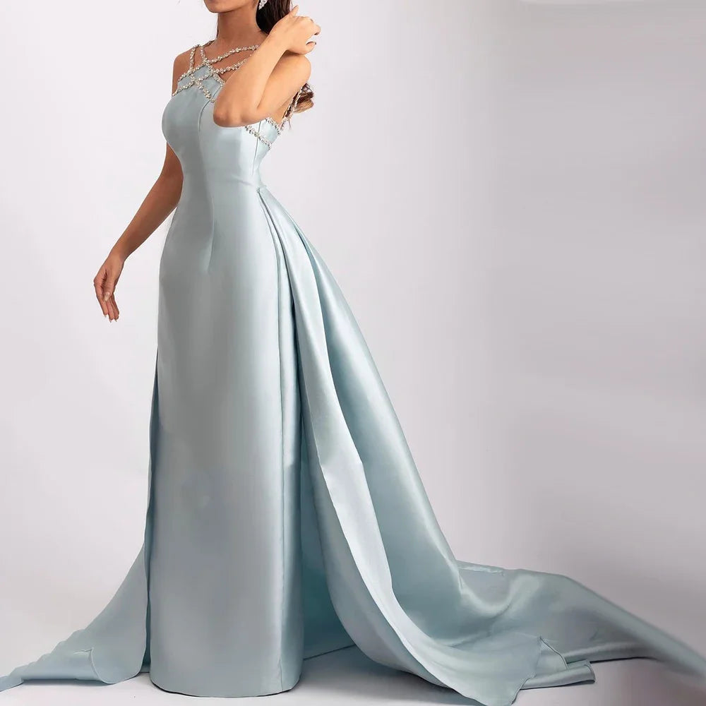 Serene Hill Blue Satin Elegant Halter With Overskirt Mermaid Beaded Evening Dresses Gowns for Women Wedding Party 2024 LA72524 Serene Hill Blue Satin Elegant Halter With Overskirt Mermaid Beaded Evening Dresses Gowns for Women Wedding Party 2024 LA72524