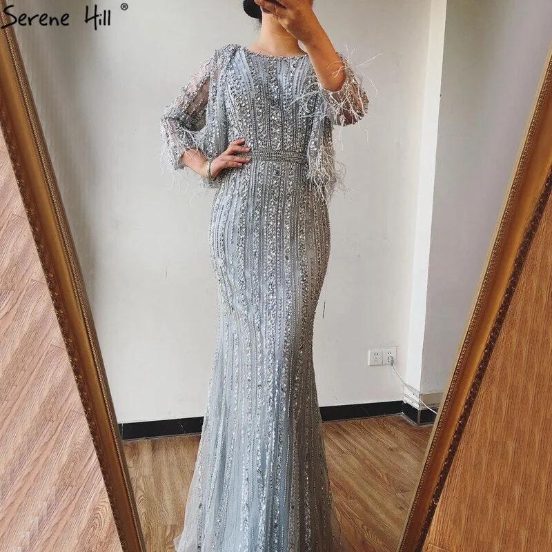 Grey Mermaid Long Sleeves Dubai Evening Dresses Luxury Diamond Beading O-Neck Formal Dress 2024 Serene Hill LA70503 Grey Mermaid Long Sleeves Dubai Evening Dresses Luxury Diamond Beading O-Neck Formal Dress 2024 Serene Hill LA70503