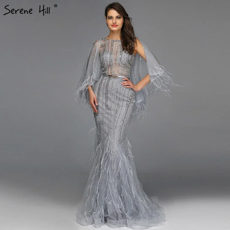 On Sale no return no refundSale Grey O-Neck Feathers Crystal Evening Dresses Dubai Design Sleeveless Luxury Sexy Evening Gowns 2024 Serene Hill LA70153