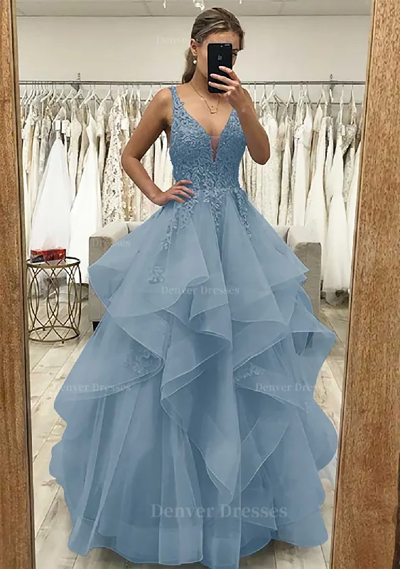 A-line V Neck Sleeveless Long/Floor-Length Tulle Satin Prom Dress With Lace Appliqued A-line V Neck Sleeveless Long/Floor-Length Tulle Satin Prom Dress With Lace Appliqued