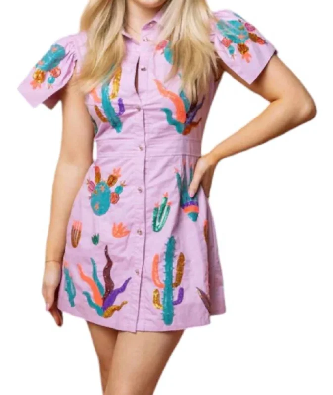 Scattered Cactus Button Up Dress In Pink