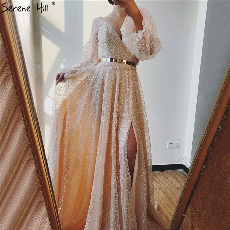 Serene Hill Champagne V-Neck Latern Sleeve Beach High Split Evening Dresses Gowns 2024 A-Line Lace Formal Dress LA70194 Serene Hill Champagne V-Neck Latern Sleeve Beach High Split Evening Dresses Gowns 2024 A-Line Lace Formal Dress LA70194