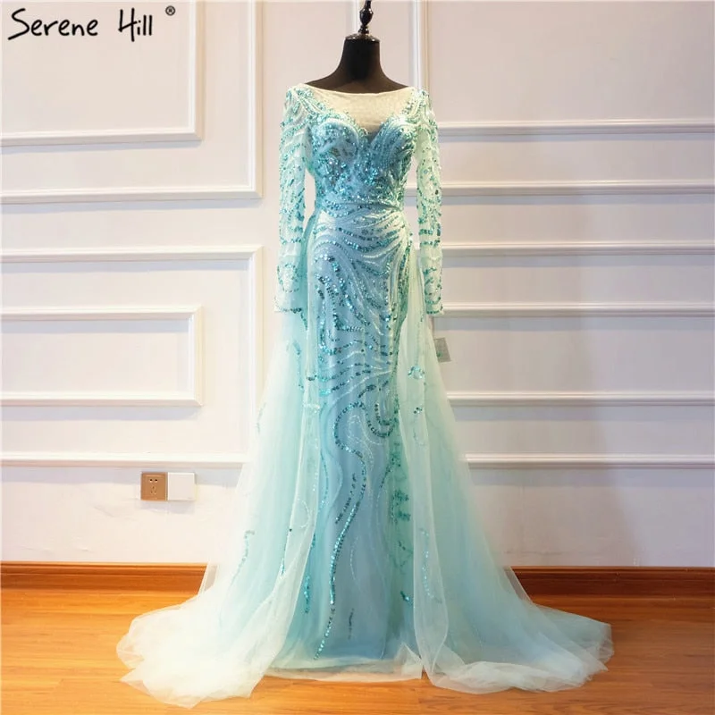 Long Sleeves Mermaid Tulle Evening Dress Backless Sexy Sequined Beading Party CLA6064