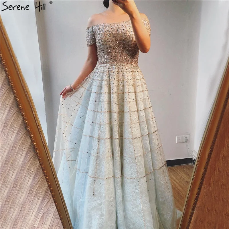 Silver Off Shoulder Short Sleeve Evening Dresses 2024 Dubai A-Line Beading Diamond Evening Gowns Serene Hill LA70263 Silver Off Shoulder Short Sleeve Evening Dresses 2024 Dubai A-Line Beading Diamond Evening Gowns Serene Hill LA70263