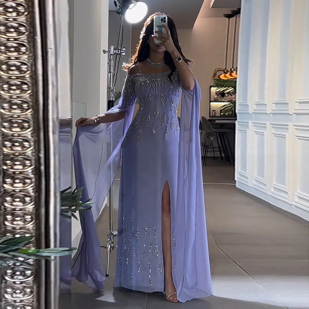 Serene Hill 2024 Arabic lilac Mermaid Cape Sleeve High Split Beaded Luxury Evening Dresses Gowns for Women Wedding Party LA72407 Serene Hill 2024 Arabic lilac Mermaid Cape Sleeve High Split Beaded Luxury Evening Dresses Gowns for Women Wedding Party LA72407