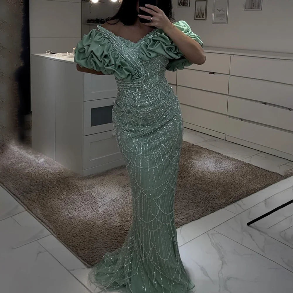 Serene Hill Luxury Dubai Off Shoulder Mermaid Sage Green Evening Dresses For Women Arabic Wedding Party Gown 2024 LA72281 Serene Hill Luxury Dubai Off Shoulder Mermaid Sage Green Evening Dresses For Women Arabic Wedding Party Gown 2024 LA72281