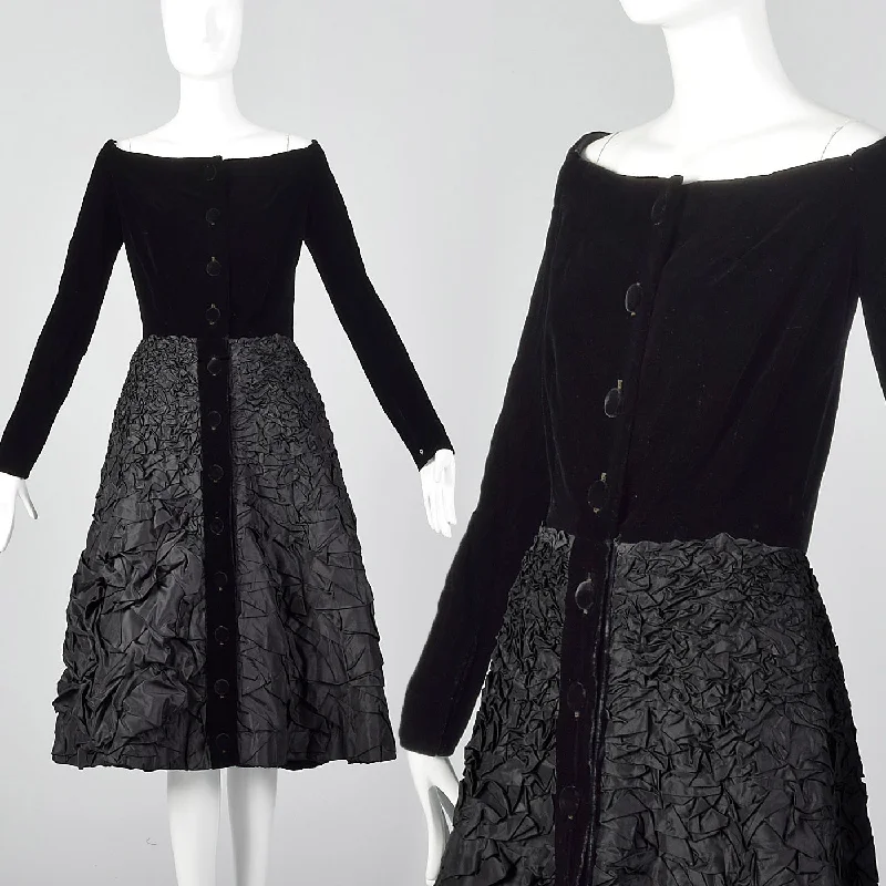 1950s Black Velvet Dress with Textured Skirt