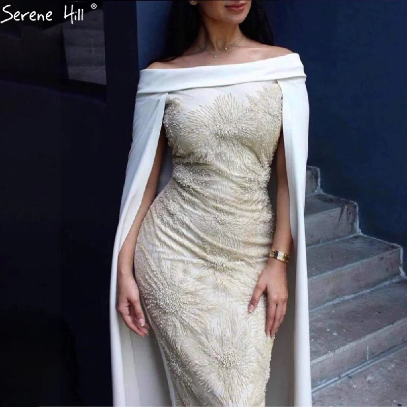 Serene Hill White Satin Overskirt Evening Dresses Gowns 2024 Elegant Mermaid Beaded For Women Party LA70680 Serene Hill White Satin Overskirt Evening Dresses Gowns 2024 Elegant Mermaid Beaded For Women Party LA70680