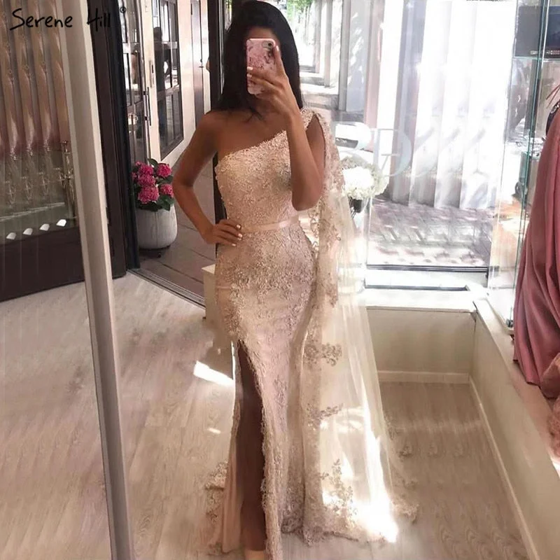 Champagne One Shoulder Mermaid Sexy Evening Dressese Sleeveless Lace Pearls Formal Dress 2024 Serene Hill LA70181 Champagne One Shoulder Mermaid Sexy Evening Dressese Sleeveless Lace Pearls Formal Dress 2024 Serene Hill LA70181