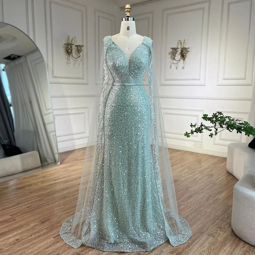 Serene Hill Arabic Turquoise Mermaid Dubai Evening Dress with Elegant Luxury Beaded Cape Sleeves for Women's Party 2024 LA72574 Serene Hill Arabic Turquoise Mermaid Dubai Evening Dress with Elegant Luxury Beaded Cape Sleeves for Women's Party 2024 LA72574