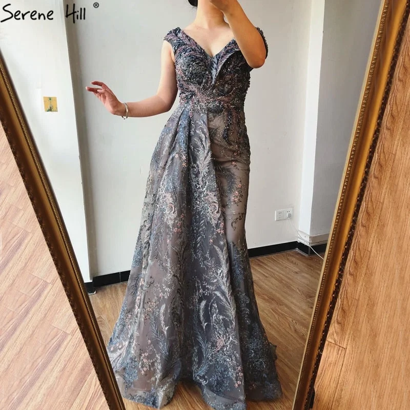 Dubai Grey Mermaid Sleeveless Sexy Evening Dresses 2024 V-Neck Crystal Luxury Evening Gowns 2024 Serene Hill LA70557 Dubai Grey Mermaid Sleeveless Sexy Evening Dresses 2024 V-Neck Crystal Luxury Evening Gowns 2024 Serene Hill LA70557