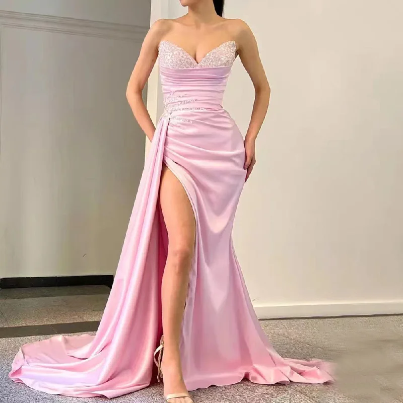 Serene Hill Pink High Split Overskirt Evening Dresses Gowns 2024 Satin Beaded Elegant Mermaid For Women Party LA71615 Serene Hill Pink High Split Overskirt Evening Dresses Gowns 2024 Satin Beaded Elegant Mermaid For Women Party LA71615