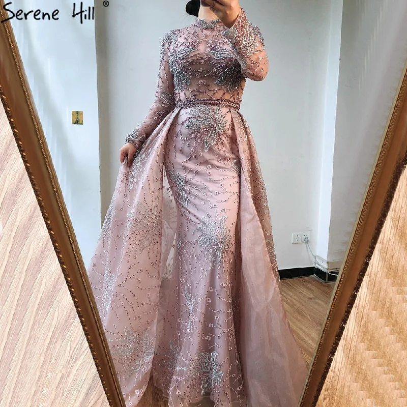 Pink Mermaid Crystal Long Sleeves Evening Dresses 2024 Dubai High Neck Sparkle Formal Dress Serene Hill LA70582 Pink Mermaid Crystal Long Sleeves Evening Dresses 2024 Dubai High Neck Sparkle Formal Dress Serene Hill LA70582