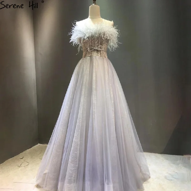 Serene Hill Grey A-Line Luxury Evening Dresses Gowns 2024 Beaded Feather Sexy For Women Wedding Party LA70803