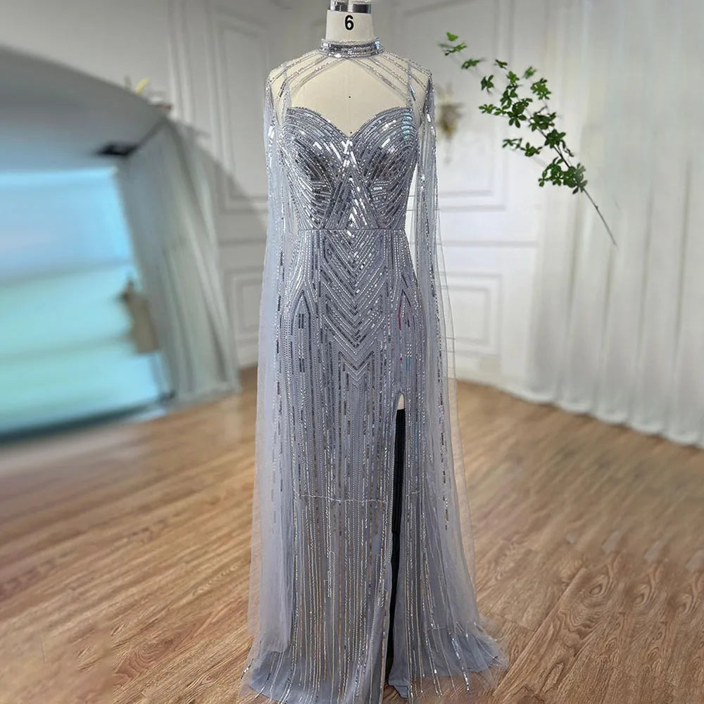 Serene Hill Silver Cape Sleeves Mermaid High Split Beaded Evening Dresses Long Celebrity Gowns For Woman Party 2024 LA72137 Serene Hill Silver Cape Sleeves Mermaid High Split Beaded Evening Dresses Long Celebrity Gowns For Woman Party 2024 LA72137